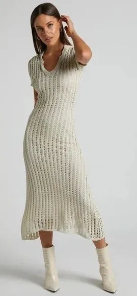 Showpo JOLIE MIDI DRESS - CROCHET COLLARED SHORT SLEEVE DRESS IN CREAM thumbnail 1