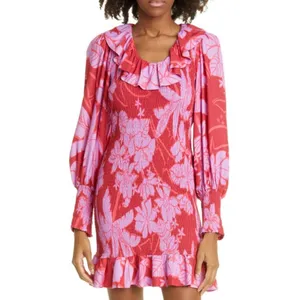 Farm Rio dress living nature pink red women’s medium long‎ puff sleeve thumbnail 3