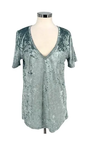 POL Jen Crushed Velvet Short Sleeve Tee Blue Sage Size Large Boho Retro Casual thumbnail 1