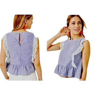 Lilly Pulitzer Ellis Blue Thistle Babydoll Peplum Ruffle Eyelet Stripe Top S thumbnail 3