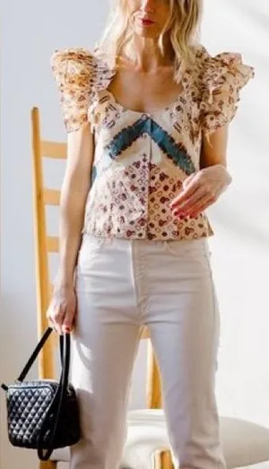 Ulla Johnson Mila Ruffled Sleeve Floral Peplum Top in Cream | Size 12 / L thumbnail 1