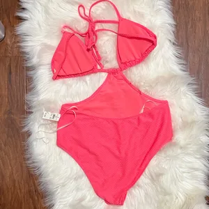 NWT Aerie Jacquard Cut Out String One‎ Piece Halter Triangle Tie Swimsuit Beach thumbnail 3