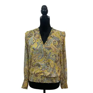 Ann Taylor Womens M Yellow Paisley Smocked Hem Wrap V-Neck Blouse Long Sleeve thumbnail 2