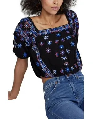 Free People Aurora Embroidered Blouson‎ Top In Black Size Small thumbnail 1