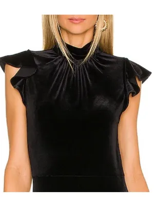 Amanda Uprichard x REVOLVE Davina Jumpsuit in Black Velvet Flutter Top Flare Leg thumbnail 12
