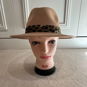 Halogen Wool Fedora Hat Tan Brown O/S Adjustable Animal Print Safari‎ thumbnail 2