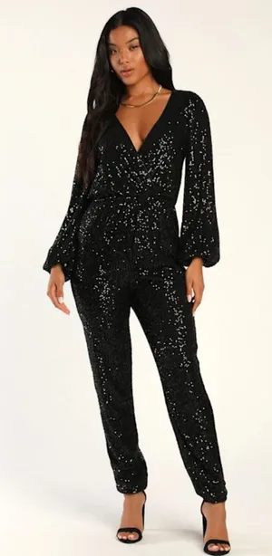 Lulus Sensational Beauty Black Sequin Surplice Long Sleeve Jumpsuit Glam Size S thumbnail 1