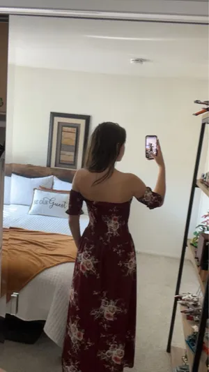 FDSC formal maroon floral off the shoulder dress thumbnail 2