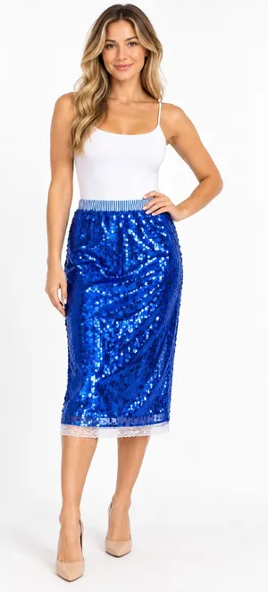 Yousify Royal Blue Sequin Midi Skirt Size S Lace Trim Stretch NWT thumbnail 1