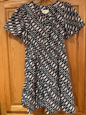Anthropologie Somerset Cotton Smocked Waist Mini Dress Navy Link Pattern Large thumbnail 6