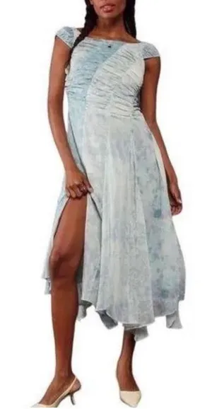 FREE PEOPLE Dress Size 2 Heart to Heart Midi Fairy Ocean Blue Ruched Flowy NWT thumbnail 1