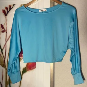 Love J Blue Silky Batwing Stretchy Crop Top Large 70s Aqua Loud Colorful thumbnail 1