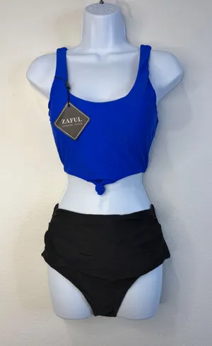Zaful Womens Two Piece Bikini Set Royal Blue Front Knot Top Black High Waist S thumbnail 1