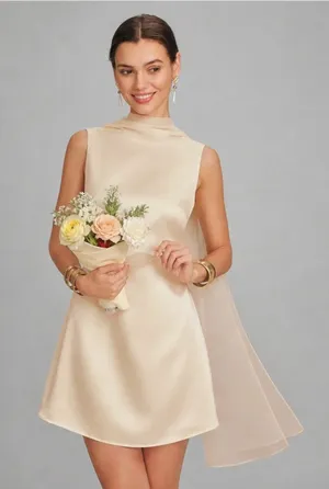 Rihoas Apricot Boat Neck Tie Satin Mini Dress thumbnail 1