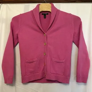 Lauren Ralph Lauren Women Size Large Pink Cardigan Sweater Shawl‎ Gold Buttons thumbnail 1