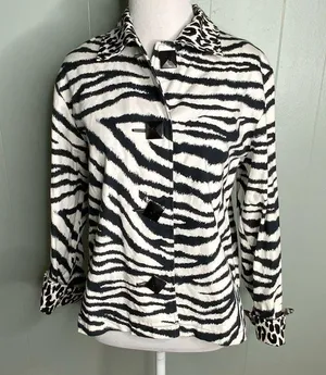 Painted Pony Black White Zebra Print Leopard Cuffs Button Up Stylish Jacket S thumbnail 2