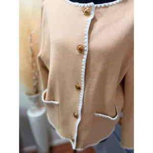 Camel Beige Collarless Knit Cardigan Jacket White Blanket Stitch Gold Buttons M thumbnail 2