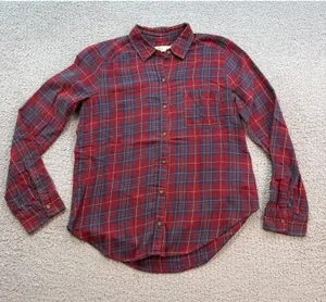 Hollister Red Blue Plaid Flannel Button Up Shirt Womens S Cotton Casual Grunge thumbnail 1
