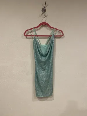 Susana Monaco Dress Womens Small Green Glitter Mesh Cowl Neck Slip Mini thumbnail 2