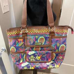 Lily Bloom Peacock Colorful Floral Shoulder Bag Purse Tote Lg Zip Top Abstract thumbnail 2