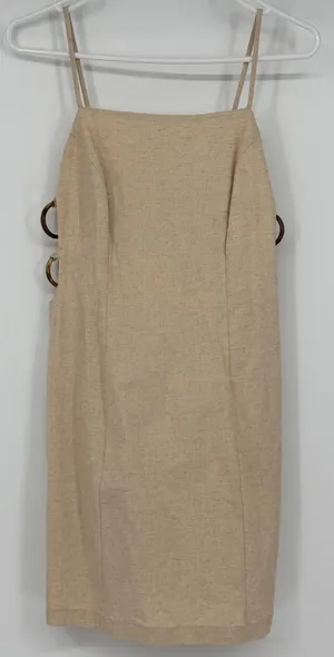 by Anthropologie Linen Blend Tortoise Ring Cut Out Mini Dress Beige XS‎ thumbnail 1
