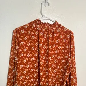 J. Crew Factory Women's Smocked Shirt Orange Floral‎ Long Sleeve Mock Neck AS356 thumbnail 8
