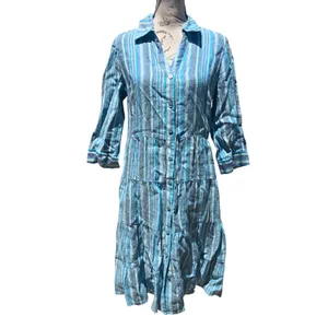 Soft Surroundings 100% Linen Striped‎ Tiered Midi Shirt Dress Blue Coastal XS thumbnail 3