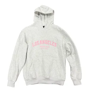 White Fox Los Angeles Hoodie Grey Pink Puff Print Pullover Sweatshirt S/M thumbnail 1