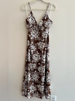 Paper Heart Anthropologie Chocolate Brown Floral Linen Maxi Dress, Size Large thumbnail 2