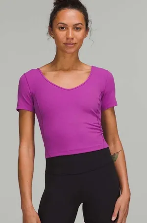 Lululemon Align T-Shirt Purple W3FGSS V-Neck Scoop Back Crop Top Slim Fit Size 4 thumbnail 1
