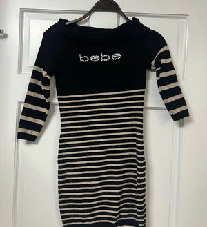bebe Black and Cream Striped Mini Dress with Embellished Logo thumbnail 1