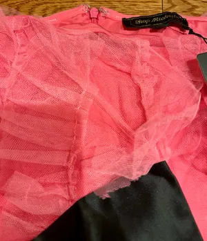 Michella vintage 1990s Barbiecore off the shoulder tulle pink/black bow dress M thumbnail 10