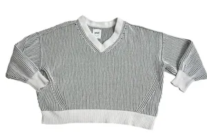 Aerie beyond chenille Striped V-Neck Sweater Sage Green Cream‎ Oversized XL thumbnail 1