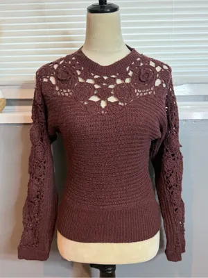 Zara Burgundy Crochet Floral Knit Sweater Wool Blend Medium thumbnail 4