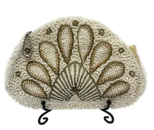 Vintage Hand Beaded Art Deco Clutch Wristlet Half Moon Shell Shape Ivory Bell thumbnail 1