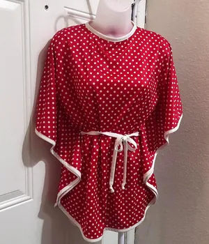 1980s Vintage Red white polka dot kimono style butterfly bell sleeve top blouse belted cinch waist Size S, measurement in pics Excellent condition thumbnail 1
