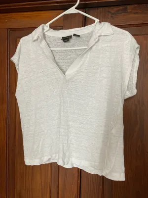 Tahari White Short-Sleeve Button Down Linen Collared V-neck Top Size L thumbnail 1