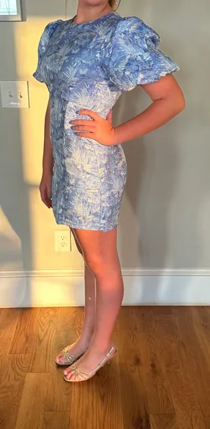 blue white and silver lena hoco dress with puff sleeves thumbnail 5