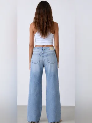 ZARA Women Light Wash Raw Hem Wide Leg Jeans Size US 14 thumbnail 2