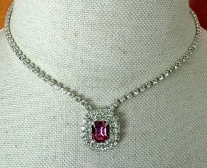 Vintage Fuchsia Pink Clear Rhinestone Halo Pendant Necklace thumbnail 1