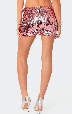 Edikted Sabina Low-Rise Sequin Mini Skirt in Pink. Size XL thumbnail 4