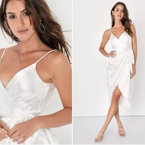 LULU's Elegant Sexy Wedding Bridal Shower Engagement White Satin Floral Dress thumbnail 2
