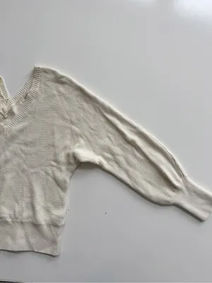Anthropologie Cream V-neck Waffle Knit Cotton Oversized Pullover Sweater Small thumbnail 3