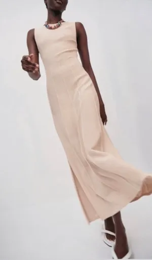 Zara NWT Sleeveless Knit Pleated Panel Maxi Dress Beige Small thumbnail 1