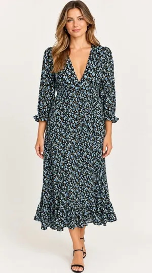 Zara NWT $70 Woman’s XL floral Ruffle hem midi dress flowered Open Neck thumbnail 1