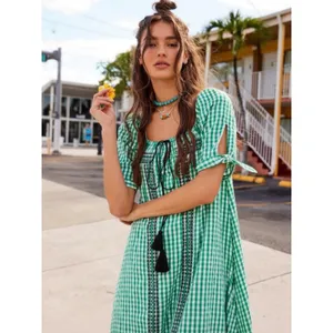 Free People Bohemian Embroidered Gingham Seersucker Cass Maxi Dress Green Small thumbnail 14