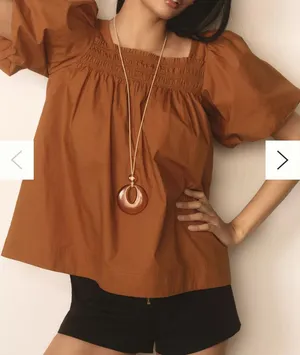 Maeve By Anthropologie Puff-Sleeve Smocked Blouse in Rust Orange, Size M, NWOT thumbnail 1