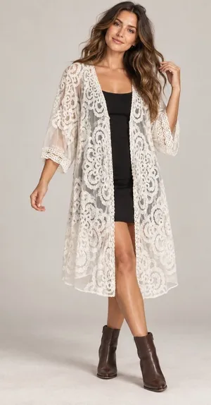 Veveret Ivory Floral Lace Kimono Duster Sheer Boho Bridal Swim Cover Up M/L thumbnail 1