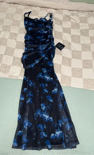 Lulus Flirty Phenomena Black Blue Floral Mesh Drop Waist Maxi Dress XS NEW thumbnail 1