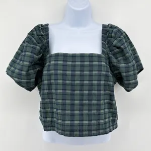Madewell Hopewell Plaid Puff Sleeve Crop Top Smocked Square Neck Blouse Forest M thumbnail 3